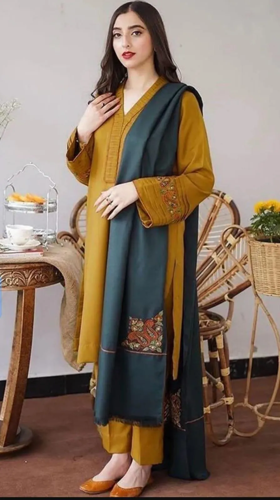 3-Piece Dhanak Suit – Mustard Teal Embroidered
