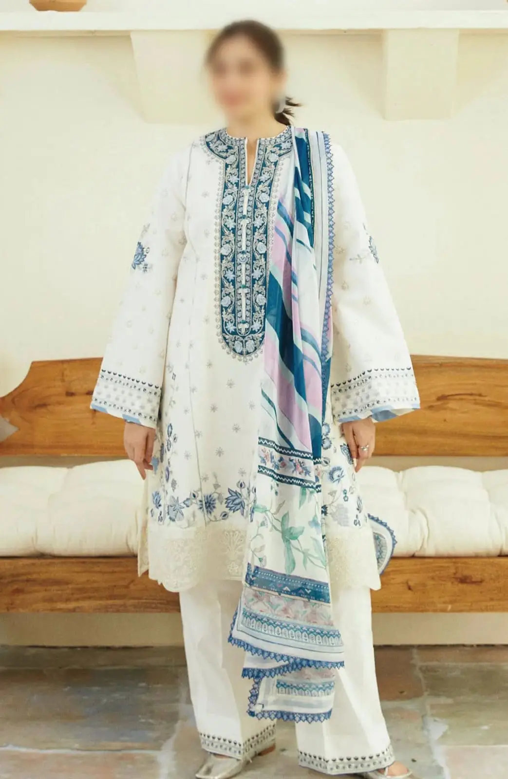 3 Pcs Women's Unstitched Embroidered Suit – White