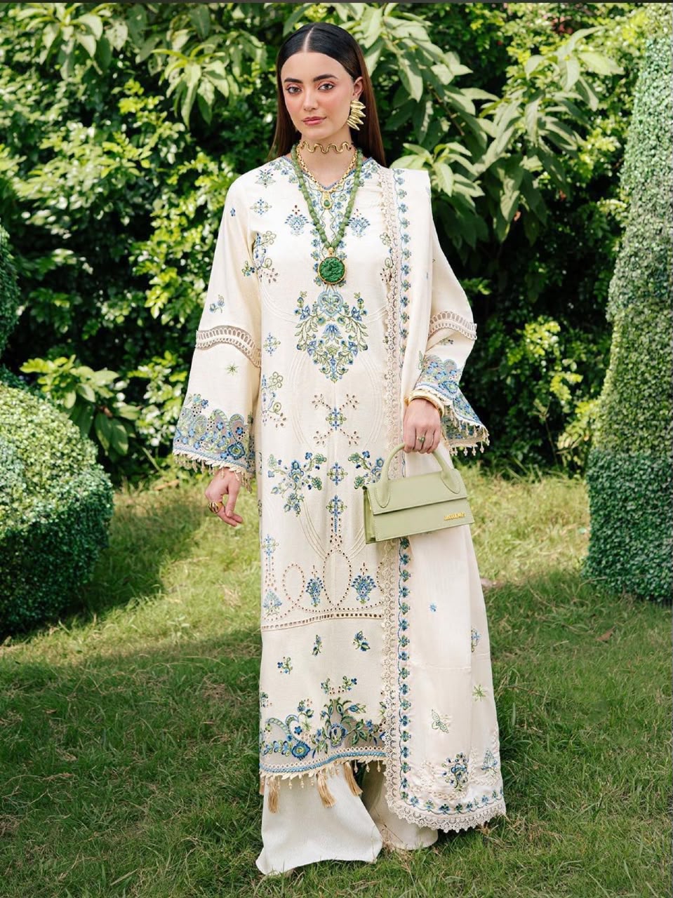 Anaya Winter Collection AL-847 – Embroidered Schiffli Dhanak Suit, Ivory