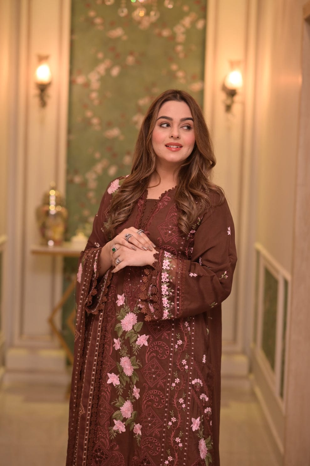 Aneela's Dhanak Embroidered Unstitched 3 Piece Suit with Embroidered Dhanak Shawl, Brown