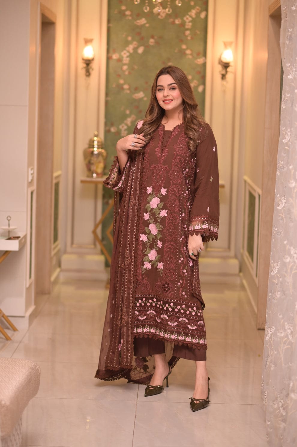 Aneela's Dhanak Embroidered Unstitched 3 Piece Suit with Embroidered Dhanak Shawl, Brown (view 2)