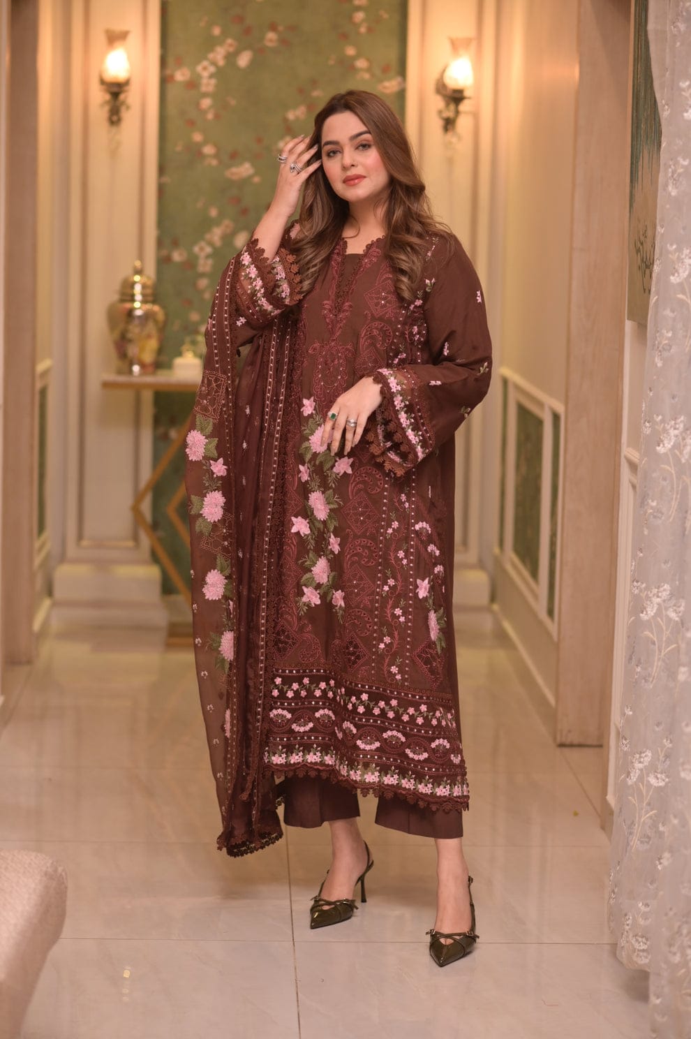 Aneela's Dhanak Embroidered Unstitched 3 Piece Suit with Embroidered Dhanak Shawl, Brown (view 3)