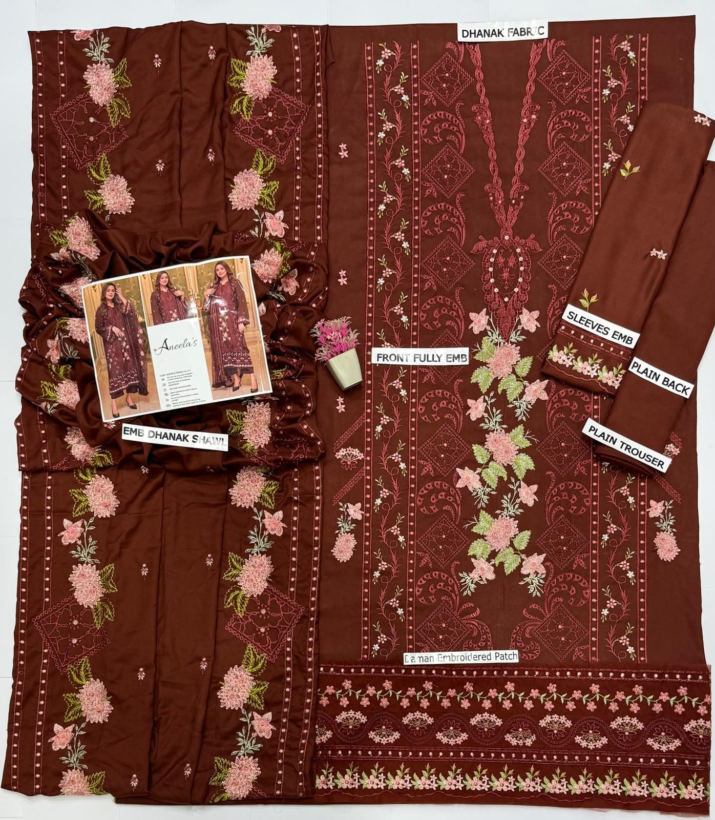 Aneela's Dhanak Embroidered Unstitched 3 Piece Suit with Embroidered Dhanak Shawl, Brown (view 4)