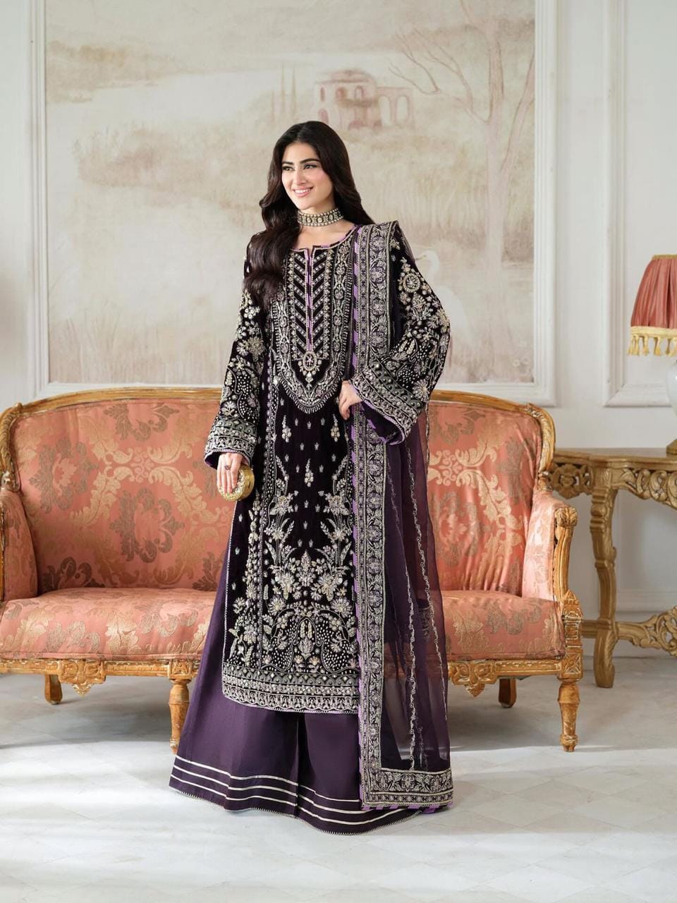 Aneelas Luxury Micro Velvet Heavy Embroidered Unstitched 3 Piece Suit with Embroidered Organza Dupatta, Dark Purple