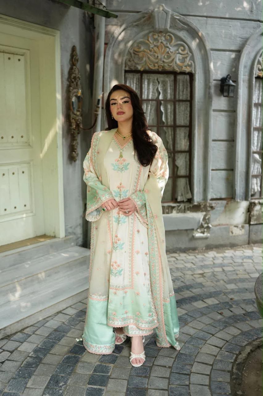 Aneelies Tie & Dye Charmoush Silk Heavy Embroidered Unstitched 3 Piece Suit with Organza Dupatta, Mint Cream