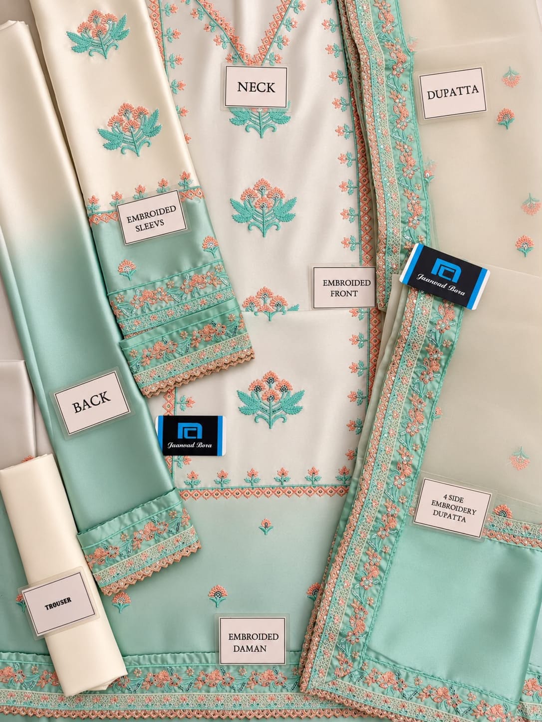 Aneelies Tie & Dye Charmoush Silk Heavy Embroidered Unstitched 3 Piece Suit with Organza Dupatta, Mint Cream (view 2)