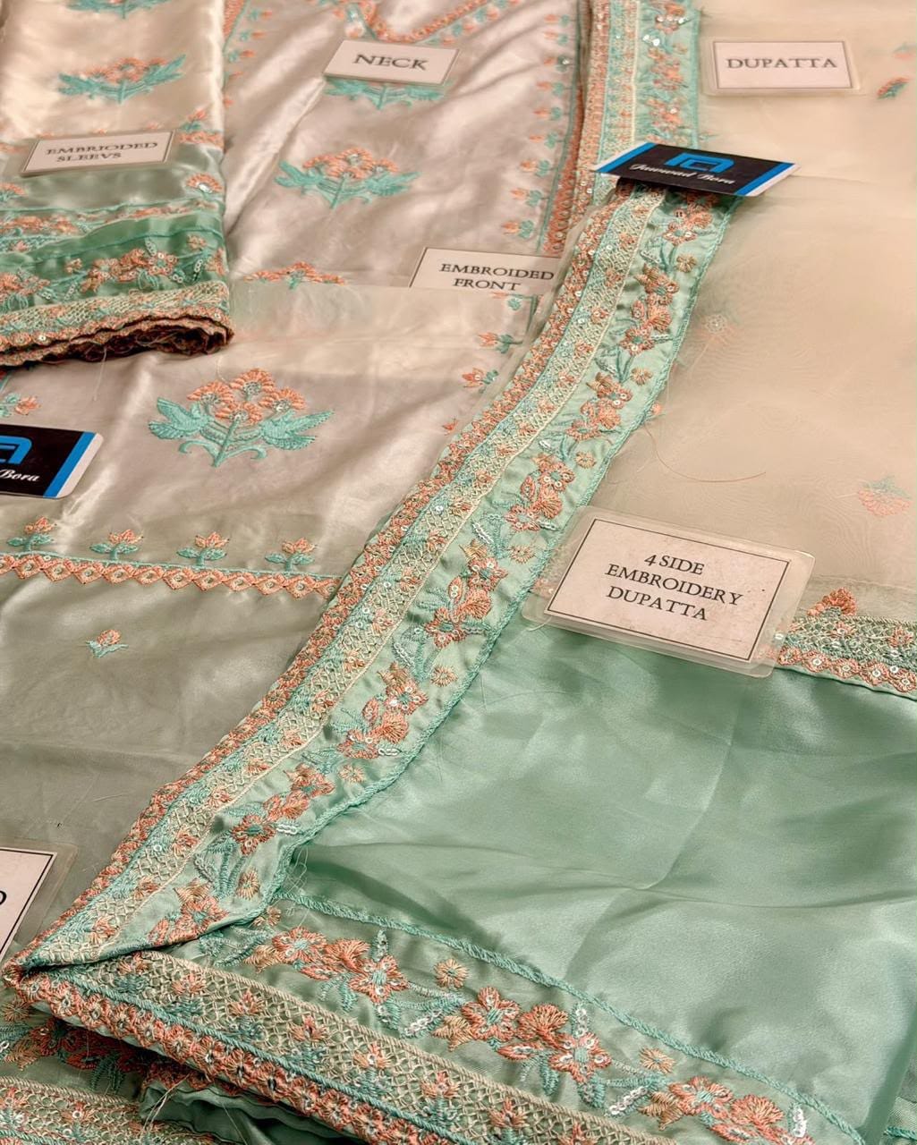 Aneelies Tie & Dye Charmoush Silk Heavy Embroidered Unstitched 3 Piece Suit with Organza Dupatta, Mint Cream (view 3)