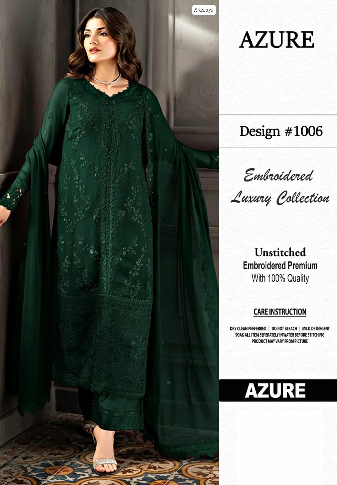 Azure Luxury Chiffon Heavy Embroidered Unstitched 3 Piece Suit with Embroidered Chiffon Dupatta, Emerald Green