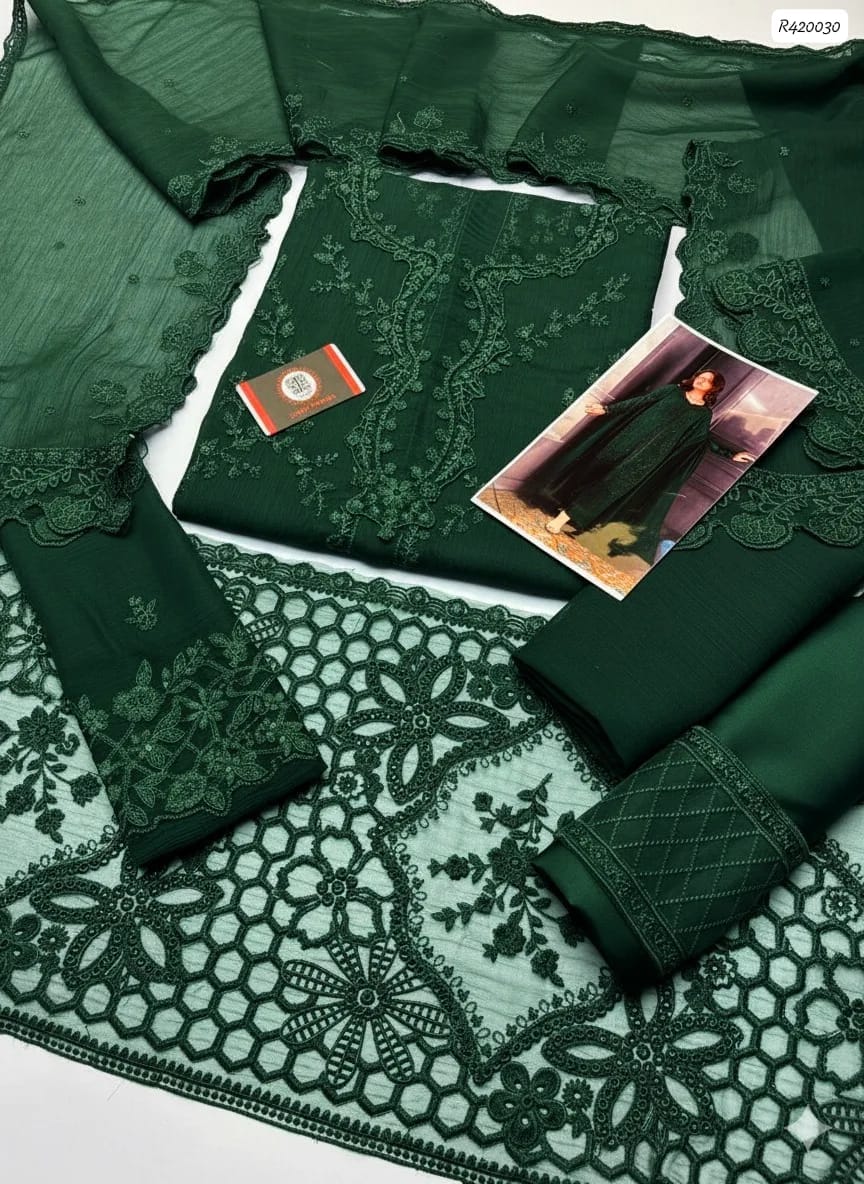 Azure Luxury Chiffon Heavy Embroidered Unstitched 3 Piece Suit with Embroidered Chiffon Dupatta, Emerald Green (view 2)
