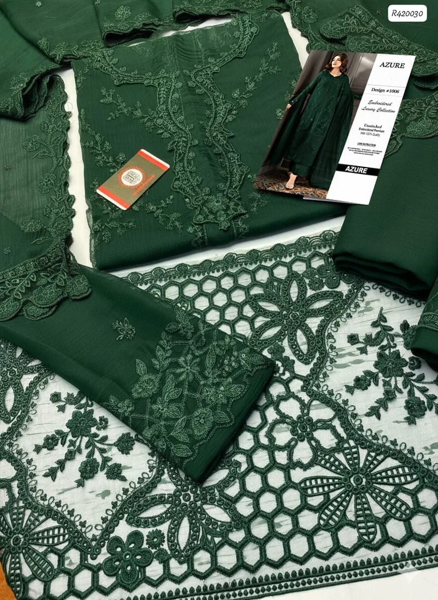 Azure Luxury Chiffon Heavy Embroidered Unstitched 3 Piece Suit with Embroidered Chiffon Dupatta, Emerald Green (view 3)