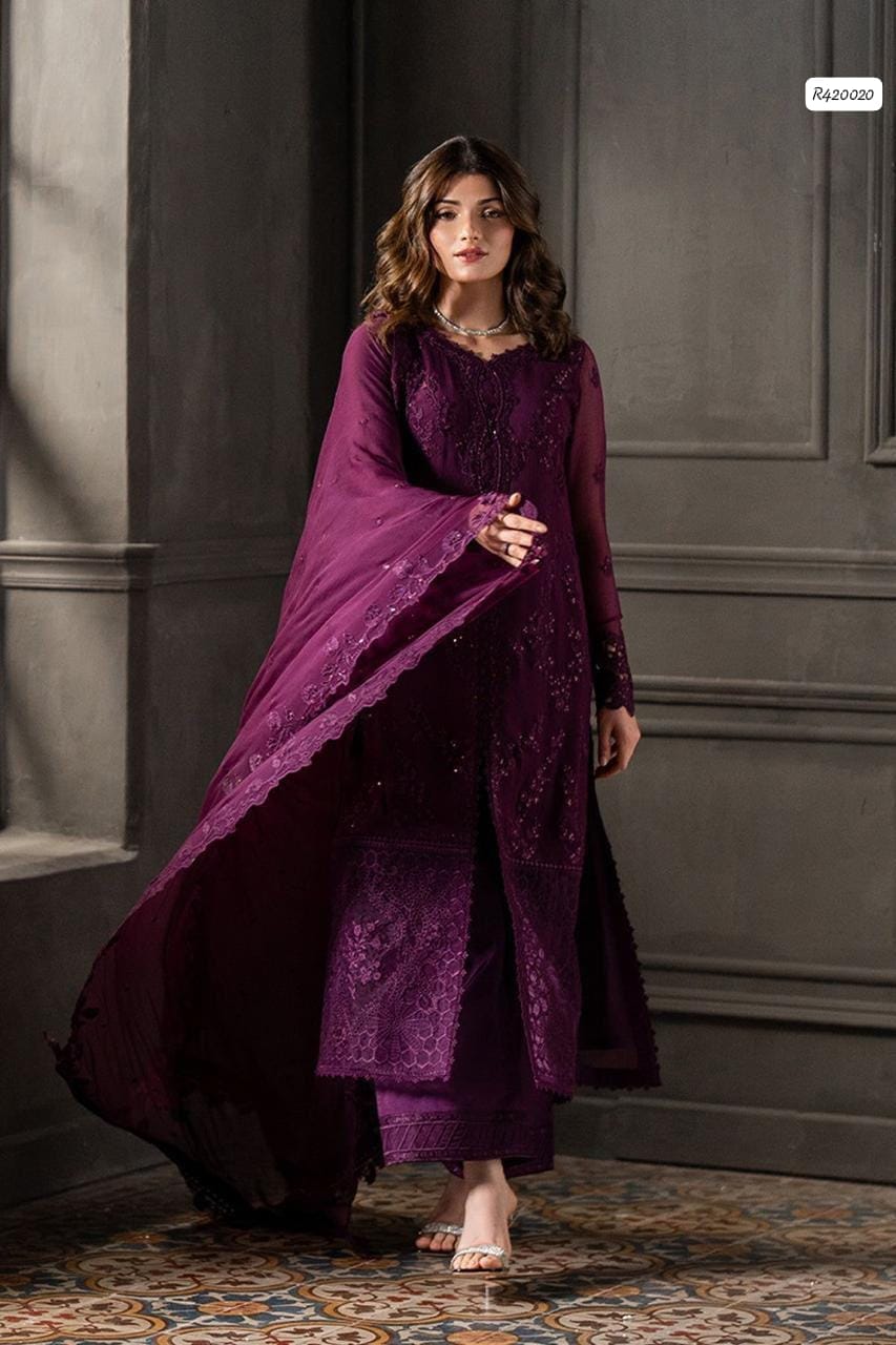 Azure Luxury Chiffon Heavy Embroidered Unstitched 3 Piece Suit with Embroidered Chiffon Dupatta, Plum Purple