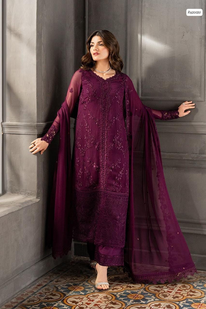 Azure Luxury Chiffon Heavy Embroidered Unstitched 3 Piece Suit with Embroidered Chiffon Dupatta, Plum Purple (view 2)