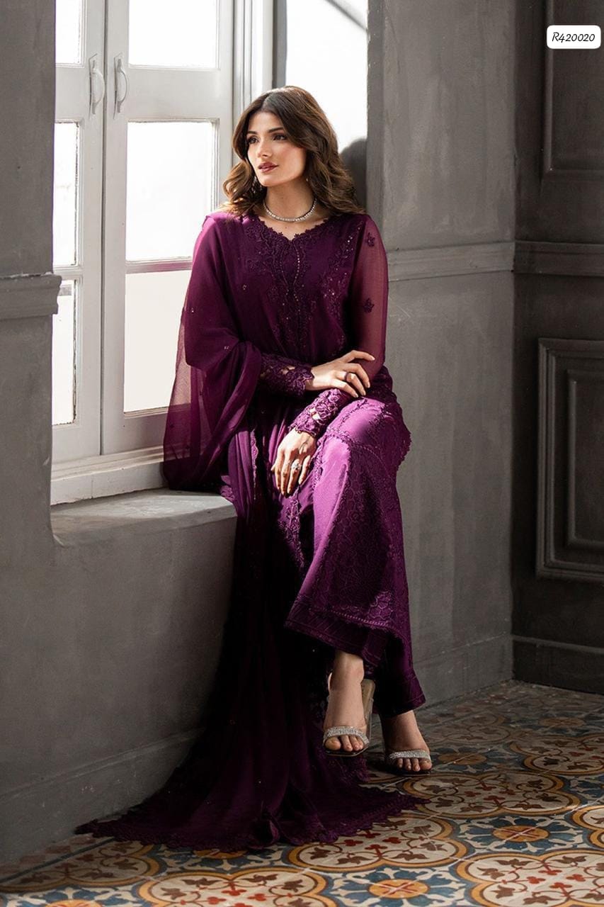 Azure Luxury Chiffon Heavy Embroidered Unstitched 3 Piece Suit with Embroidered Chiffon Dupatta, Plum Purple (view 3)