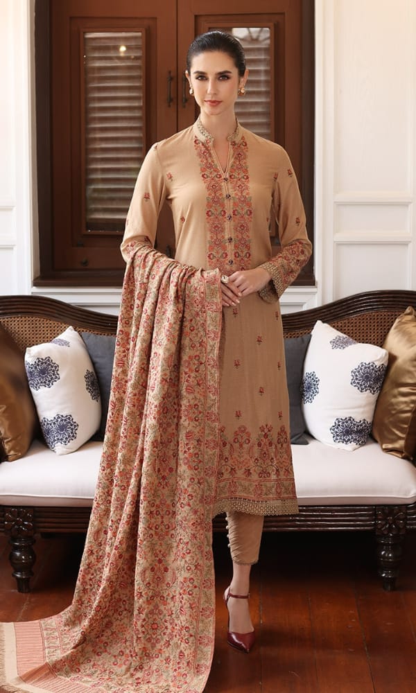 Bareeze Dhanak Embroidered Unstitched 3 Piece Suit with Embroidered Dhanak Shawl, Camel Beige