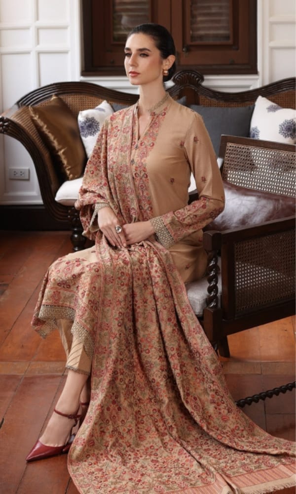 Bareeze Dhanak Embroidered Unstitched 3 Piece Suit with Embroidered Dhanak Shawl, Camel Beige (view 2)