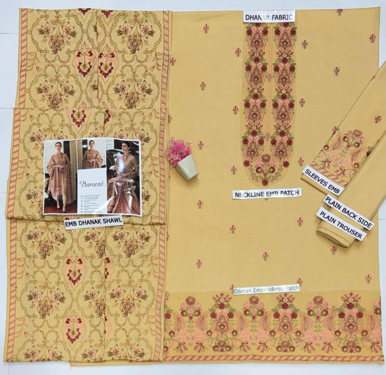 Bareeze Dhanak Embroidered Unstitched 3 Piece Suit with Embroidered Dhanak Shawl, Camel Beige (view 4)