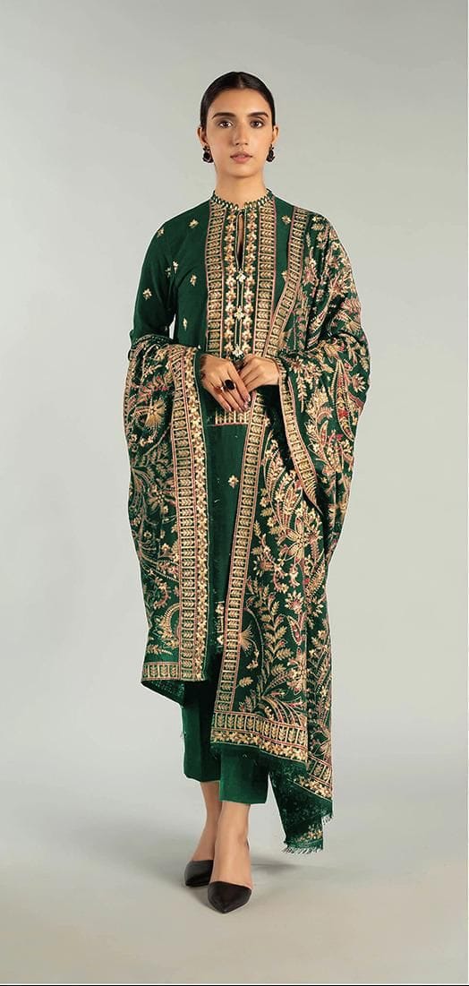 Bareeze Dhanak Embroidered Unstitched 3 Piece Suit with Embroidered Dhanak Shawl, Emerald Green