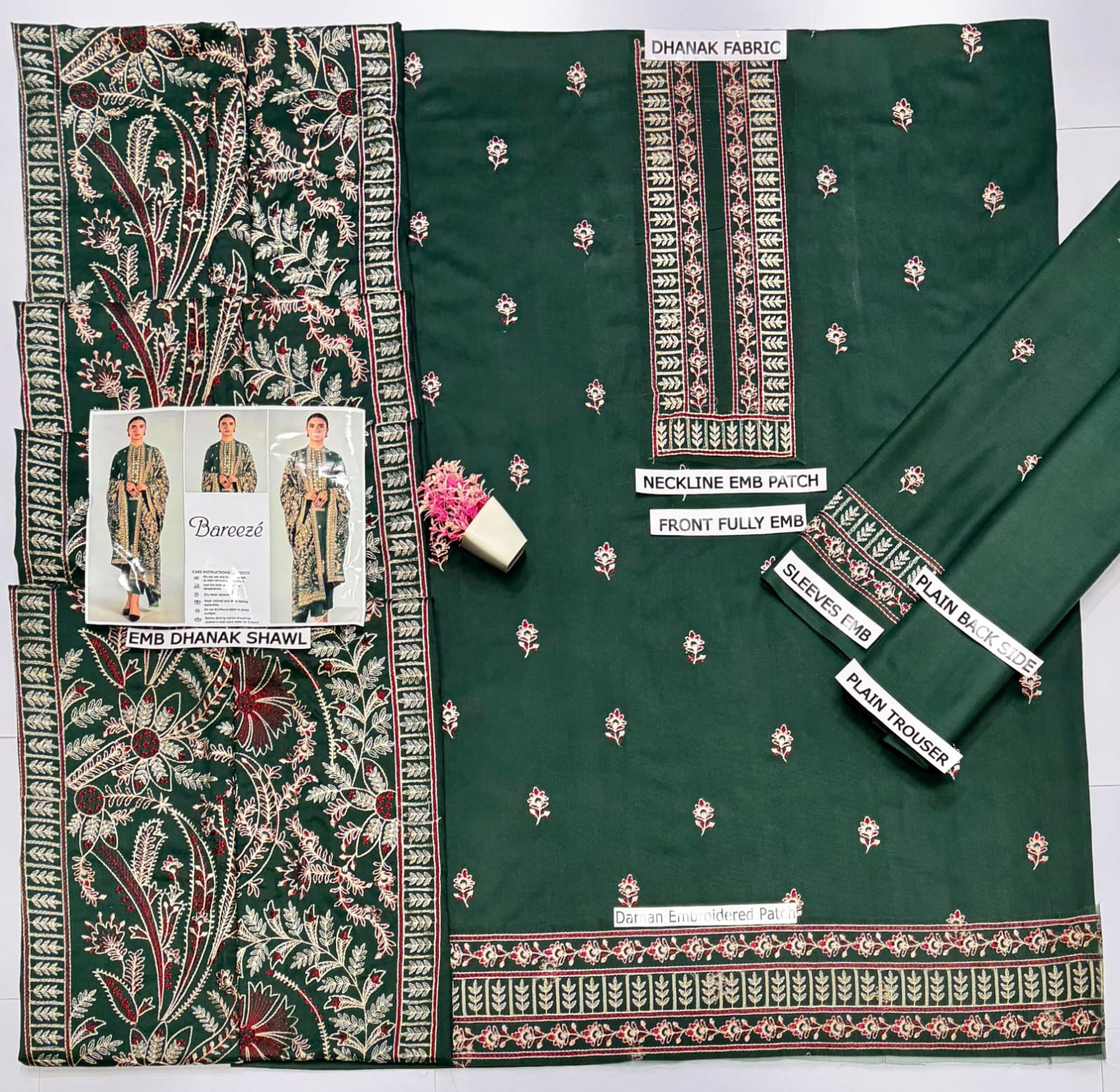 Bareeze Dhanak Embroidered Unstitched 3 Piece Suit with Embroidered Dhanak Shawl, Emerald Green (view 4)