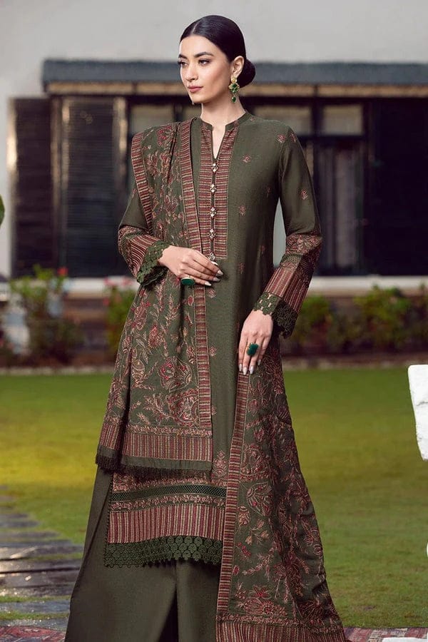 Bareeze Dhanak Embroidered Unstitched 3 Piece Suit with Embroidered Dhanak Shawl, Olive Green