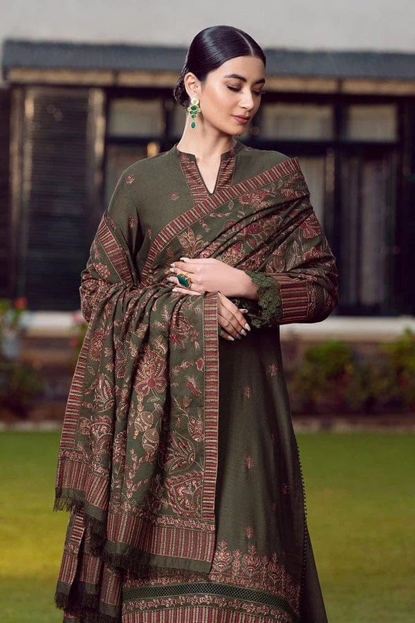 Bareeze Dhanak Embroidered Unstitched 3 Piece Suit with Embroidered Dhanak Shawl, Olive Green (view 2)