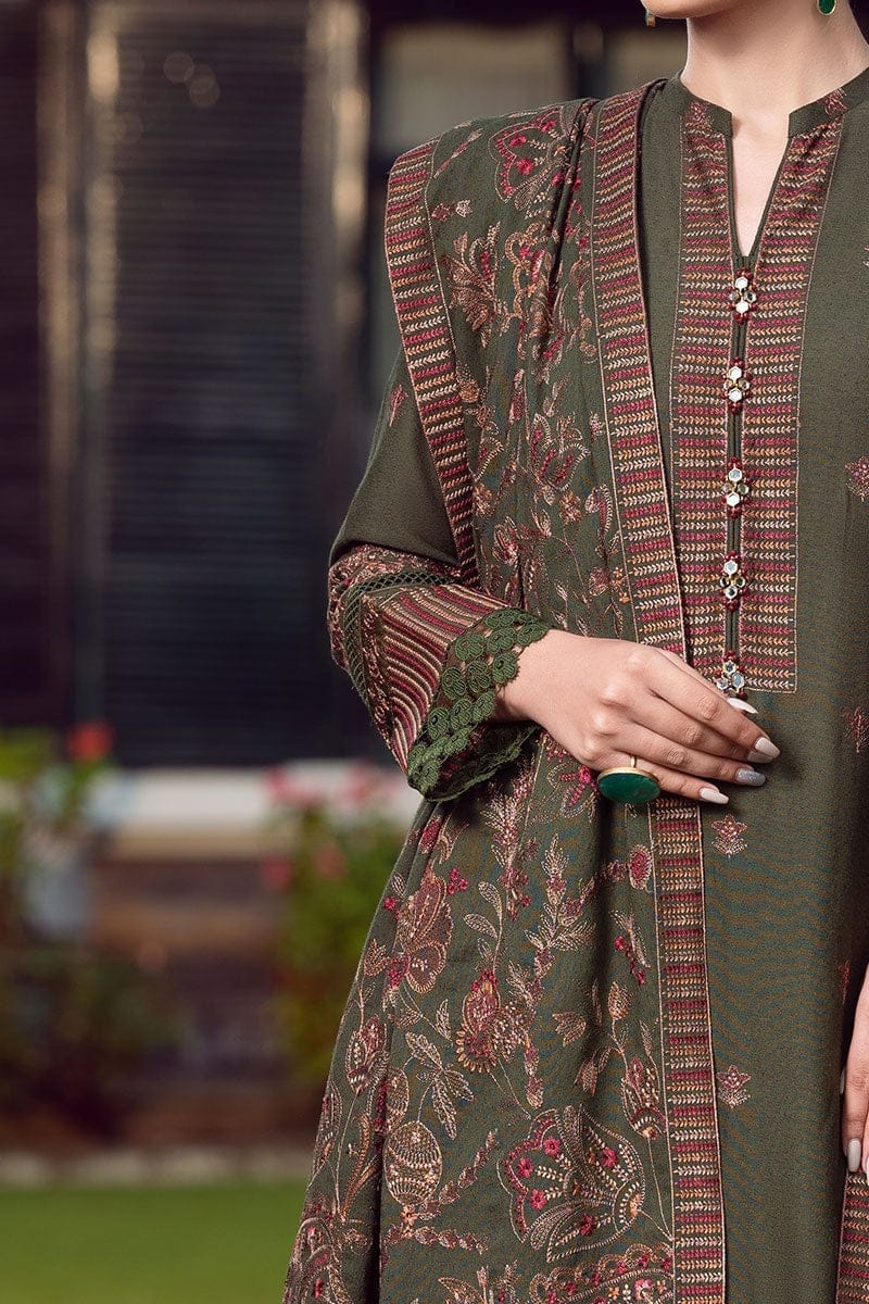 Bareeze Dhanak Embroidered Unstitched 3 Piece Suit with Embroidered Dhanak Shawl, Olive Green (view 3)