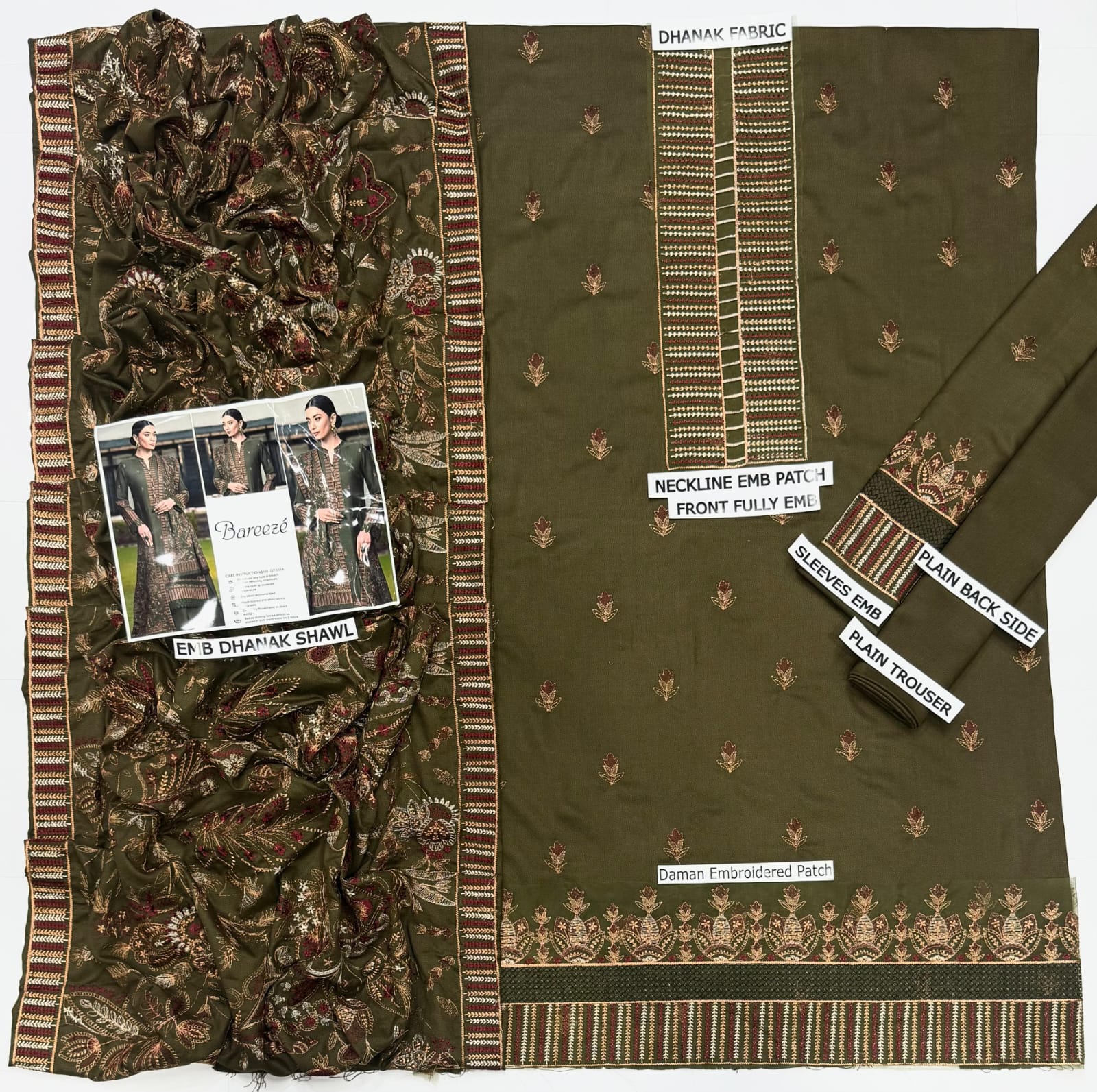 Bareeze Dhanak Embroidered Unstitched 3 Piece Suit with Embroidered Dhanak Shawl, Olive Green (view 4)