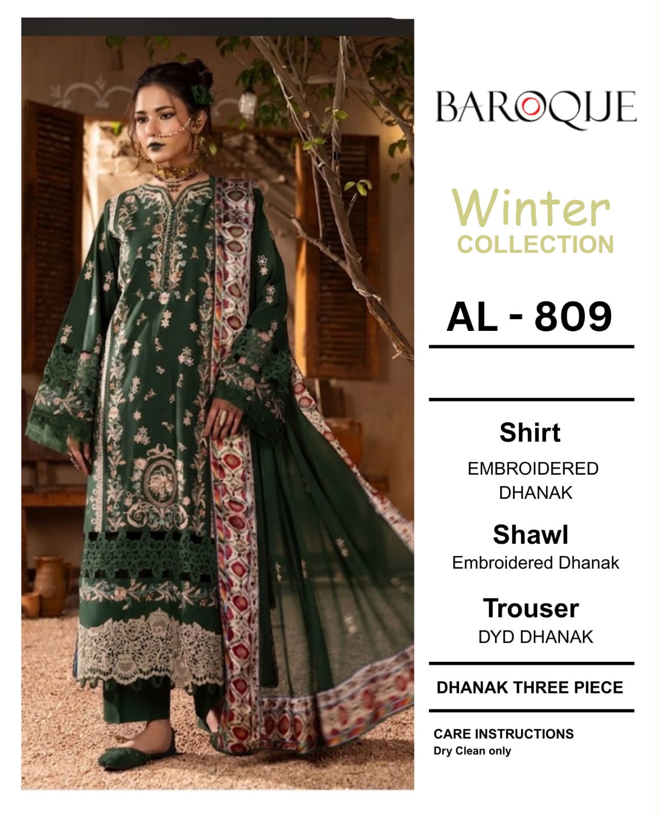 Baroque Winter Collection AL-809 – Embroidered Dhanak Suit, Green