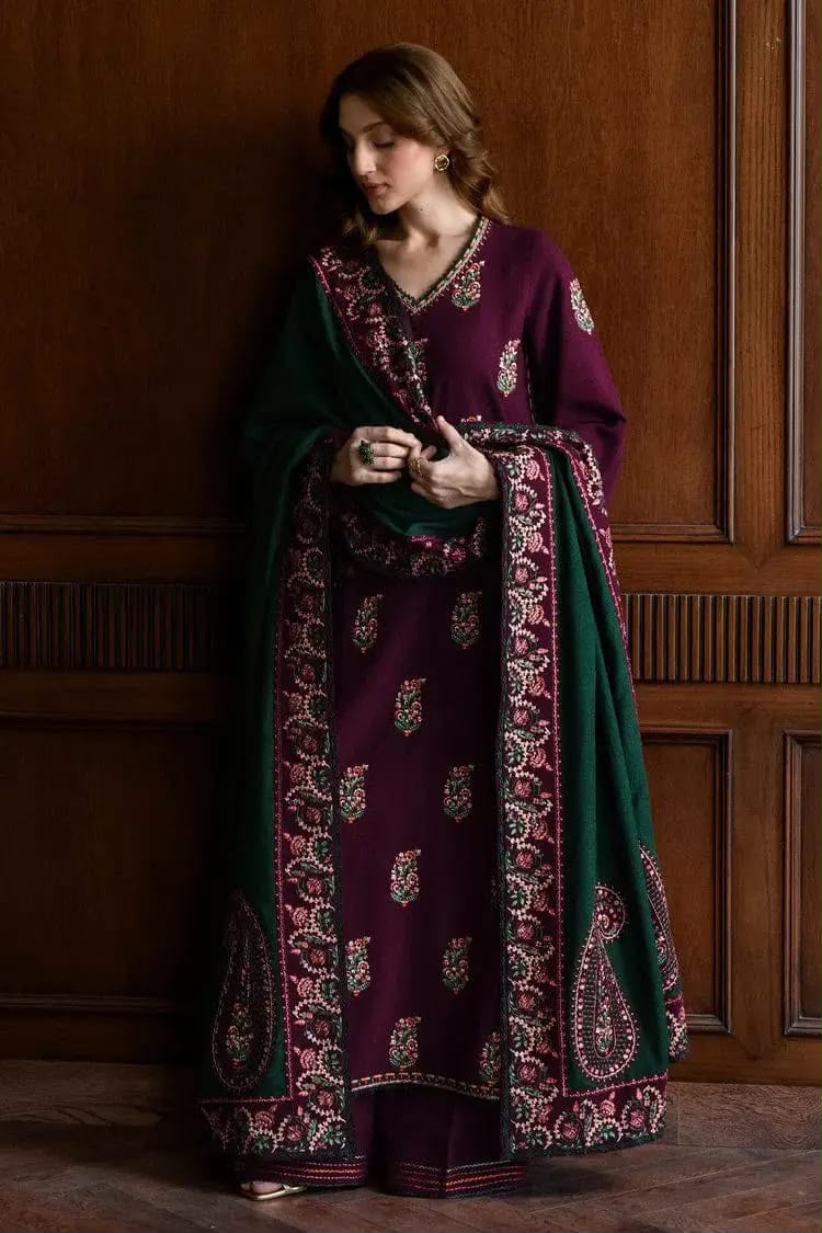 Batik Winter Collection 2026 – Embroidered Dhanak Suit, Plum
