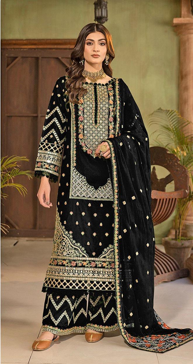 Black Embroidered 3-Piece Viscose Suit for Women