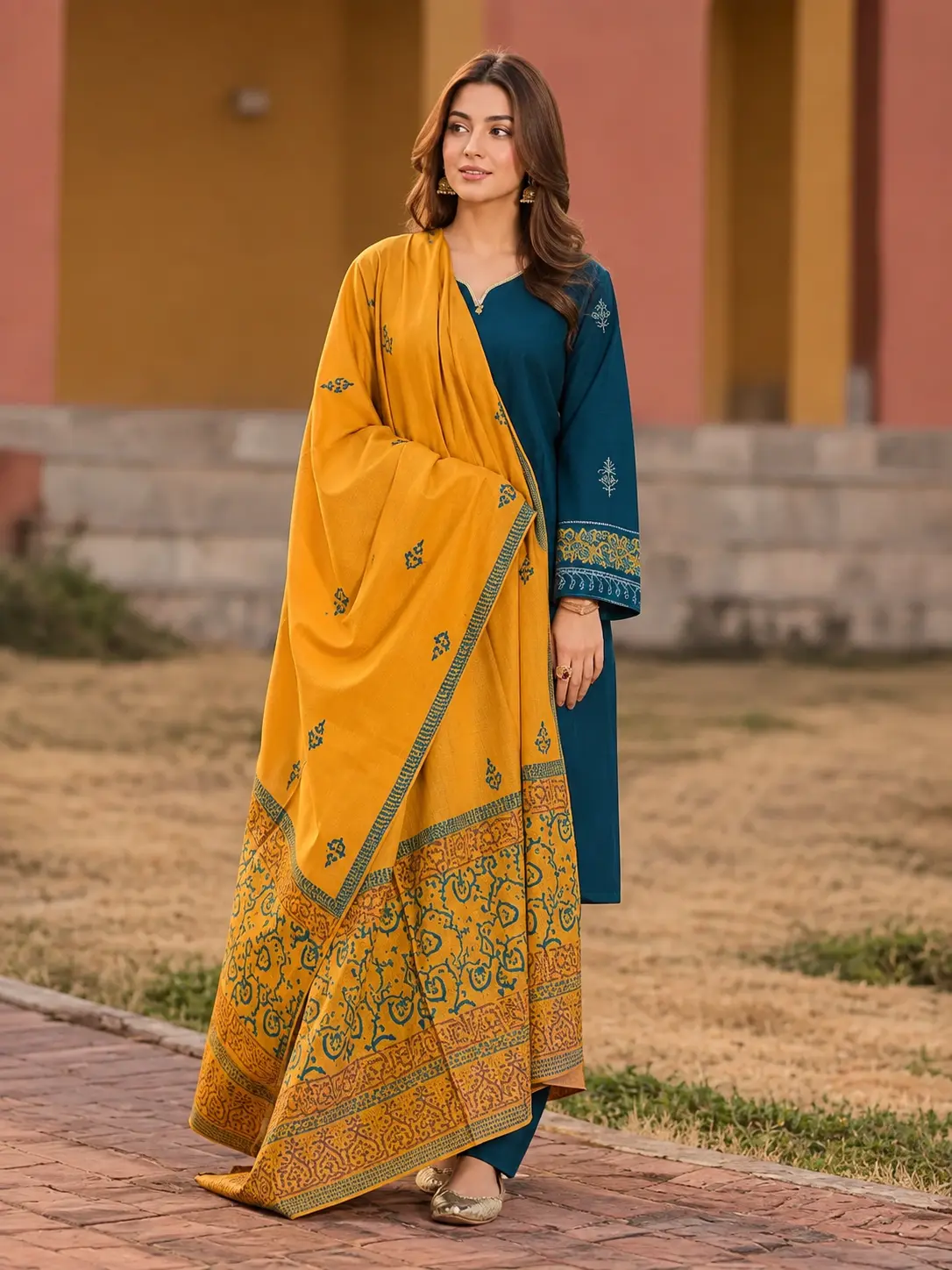 Blue Dhanak 3-Piece Unstitched Suit with Pashmina Dupatta