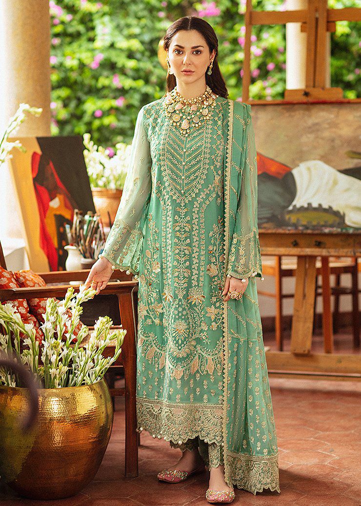 Chiffon Heavy Embroidered Unstitched 3 Piece Suit with Embroidered Chiffon Dupatta, Sea Green