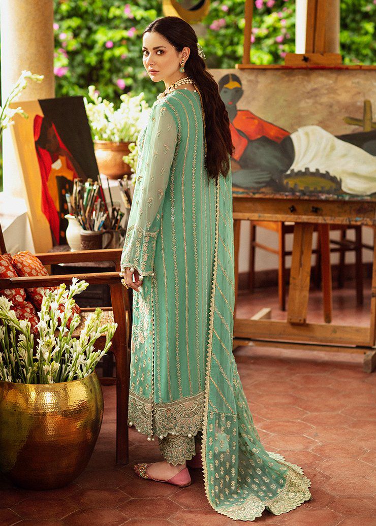 Chiffon Heavy Embroidered Unstitched 3 Piece Suit with Embroidered Chiffon Dupatta, Sea Green (view 2)
