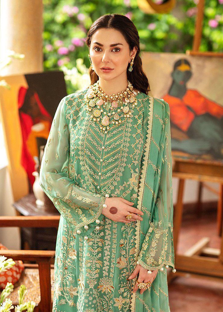 Chiffon Heavy Embroidered Unstitched 3 Piece Suit with Embroidered Chiffon Dupatta, Sea Green (view 3)