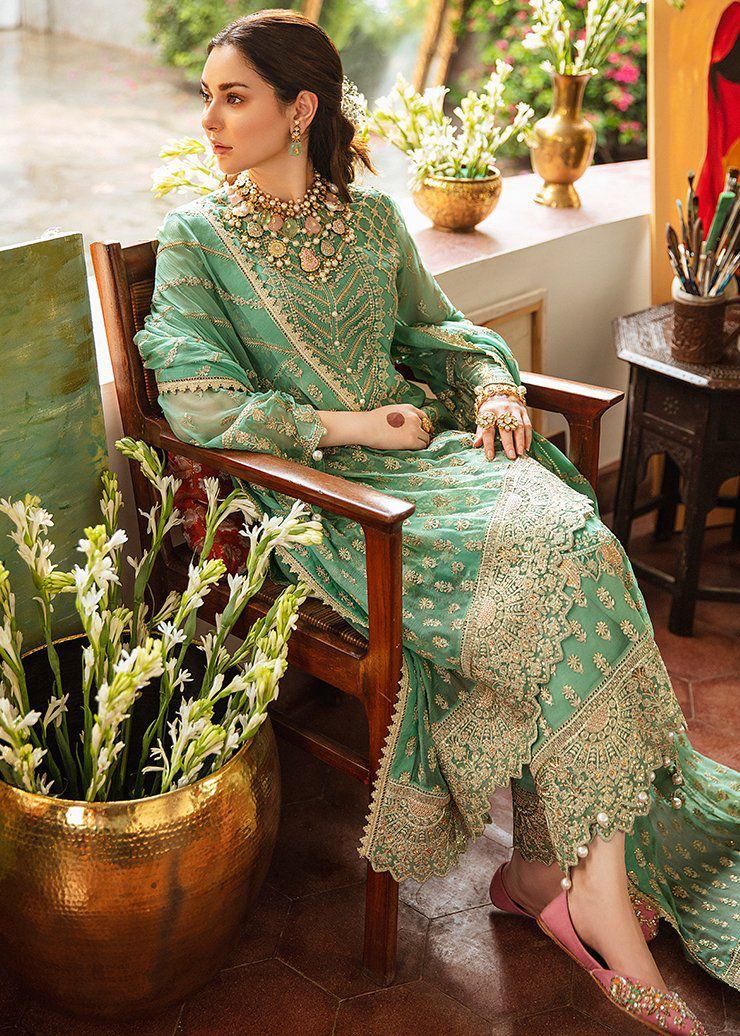 Chiffon Heavy Embroidered Unstitched 3 Piece Suit with Embroidered Chiffon Dupatta, Sea Green (view 4)