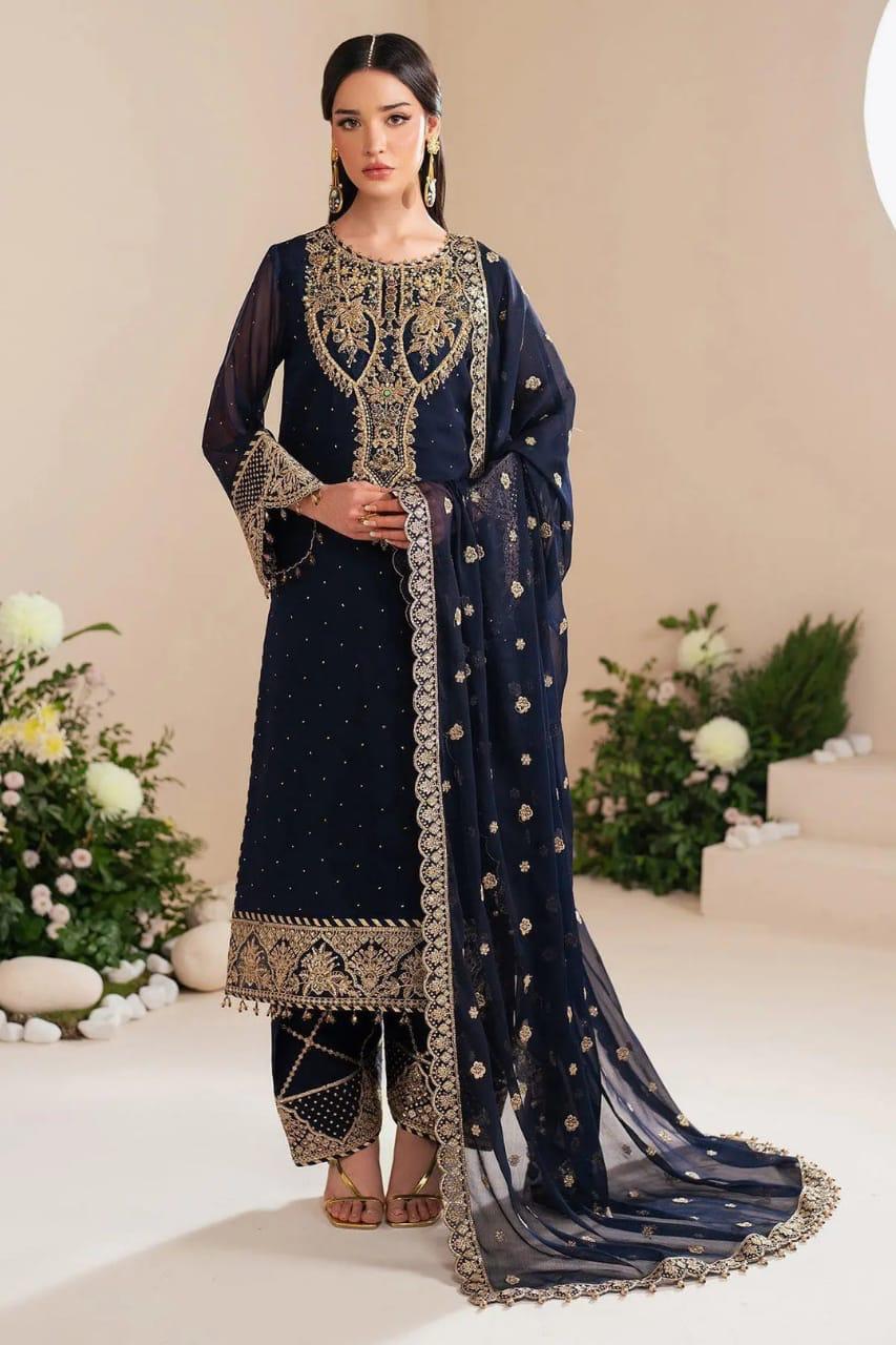 Chiffon Heavy Embroidered Sequin Work Suit, Navy Blue