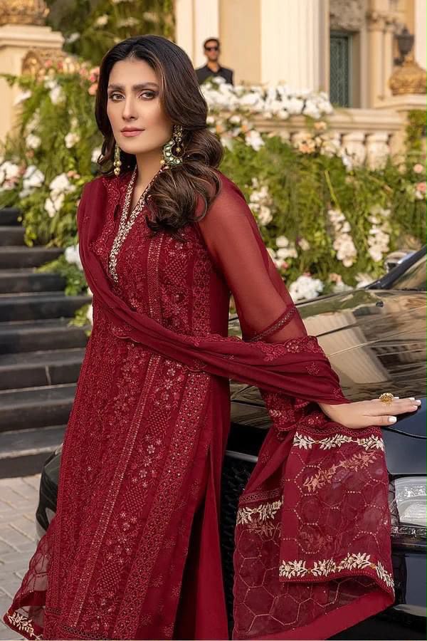 Chiffon Heavy Embroidered Unstitched 3 Piece Suit with Embroidered Chiffon Dupatta, Maroon (view 2)