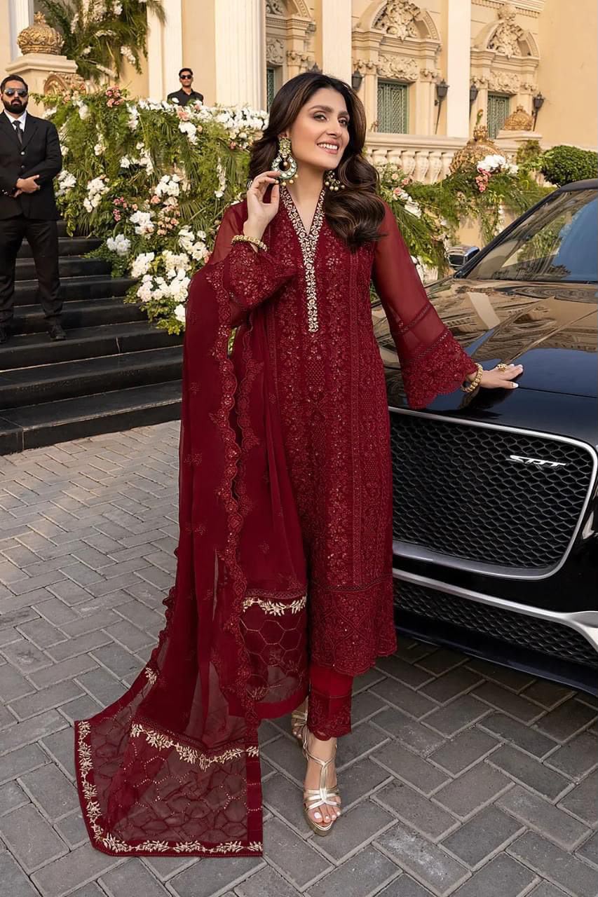 Chiffon Heavy Embroidered Unstitched 3 Piece Suit with Embroidered Chiffon Dupatta, Maroon (view 3)