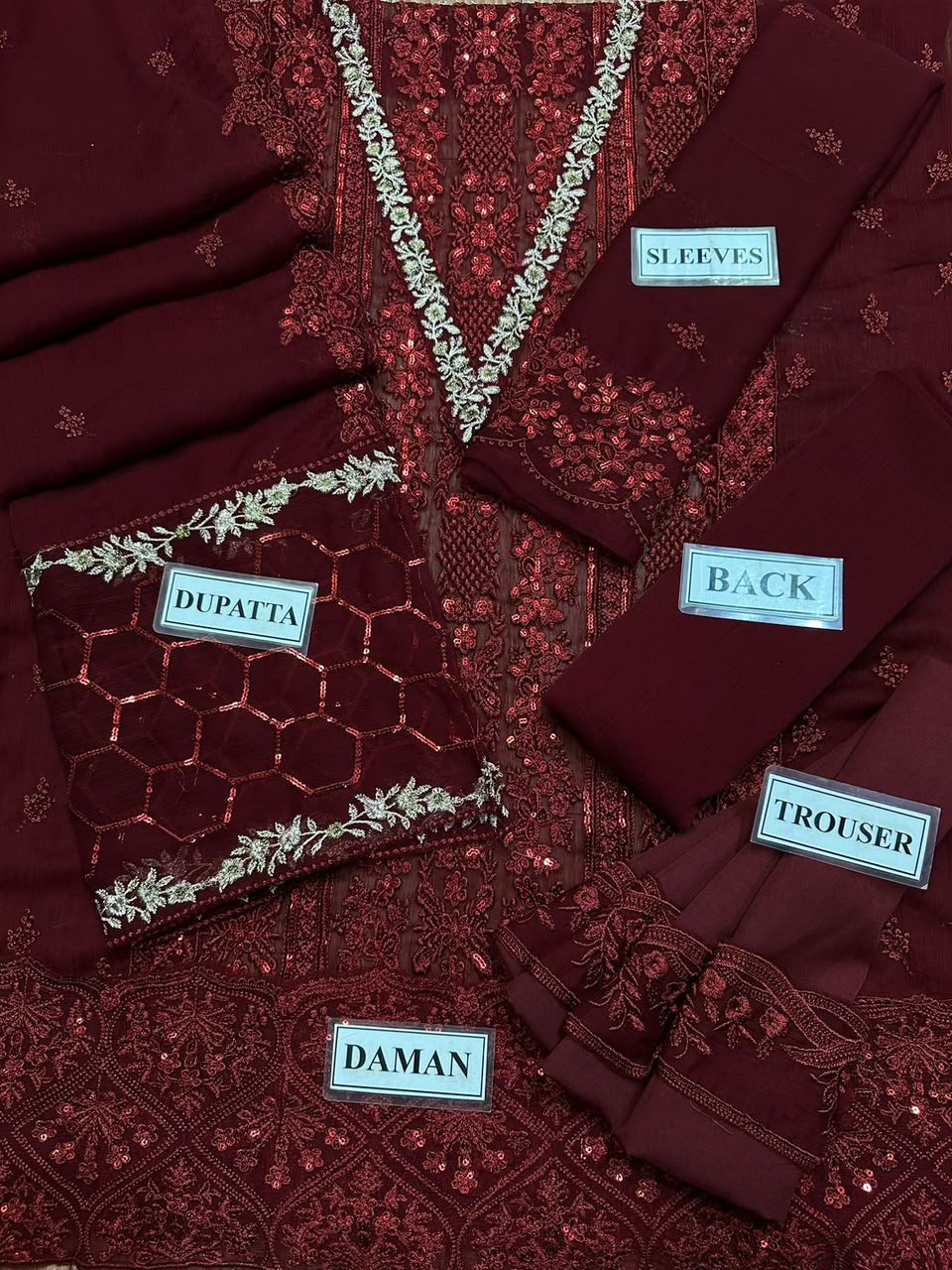Chiffon Heavy Embroidered Unstitched 3 Piece Suit with Embroidered Chiffon Dupatta, Maroon (view 4)