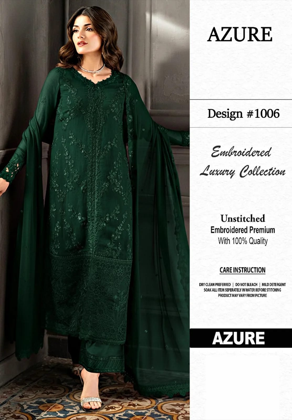 Chiffon Heavy Embroidered Unstitched 3 Piece Suit, Bottle Green