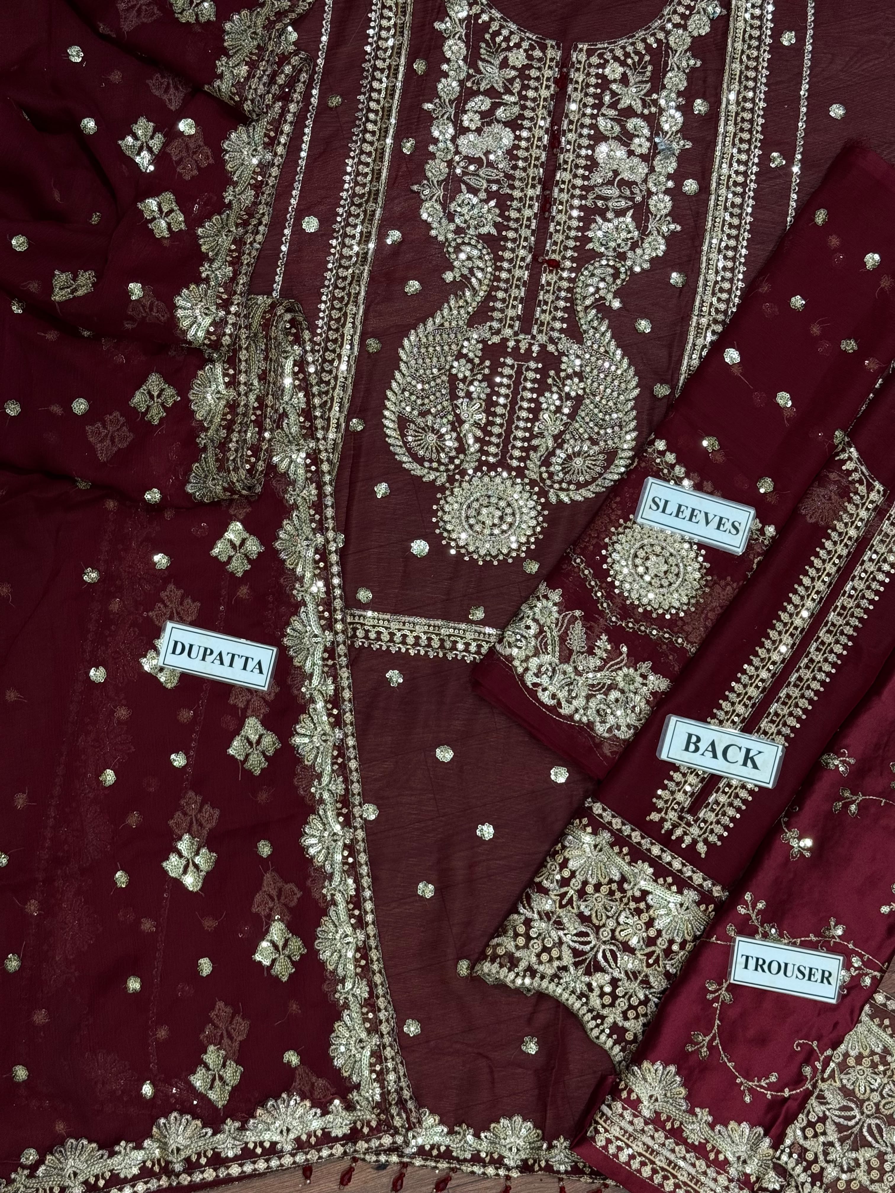 Chiffon Heavy Embroidered Unstitched 3 Piece Suit with Embroidered Chiffon Dupatta, Maroon (view 3)