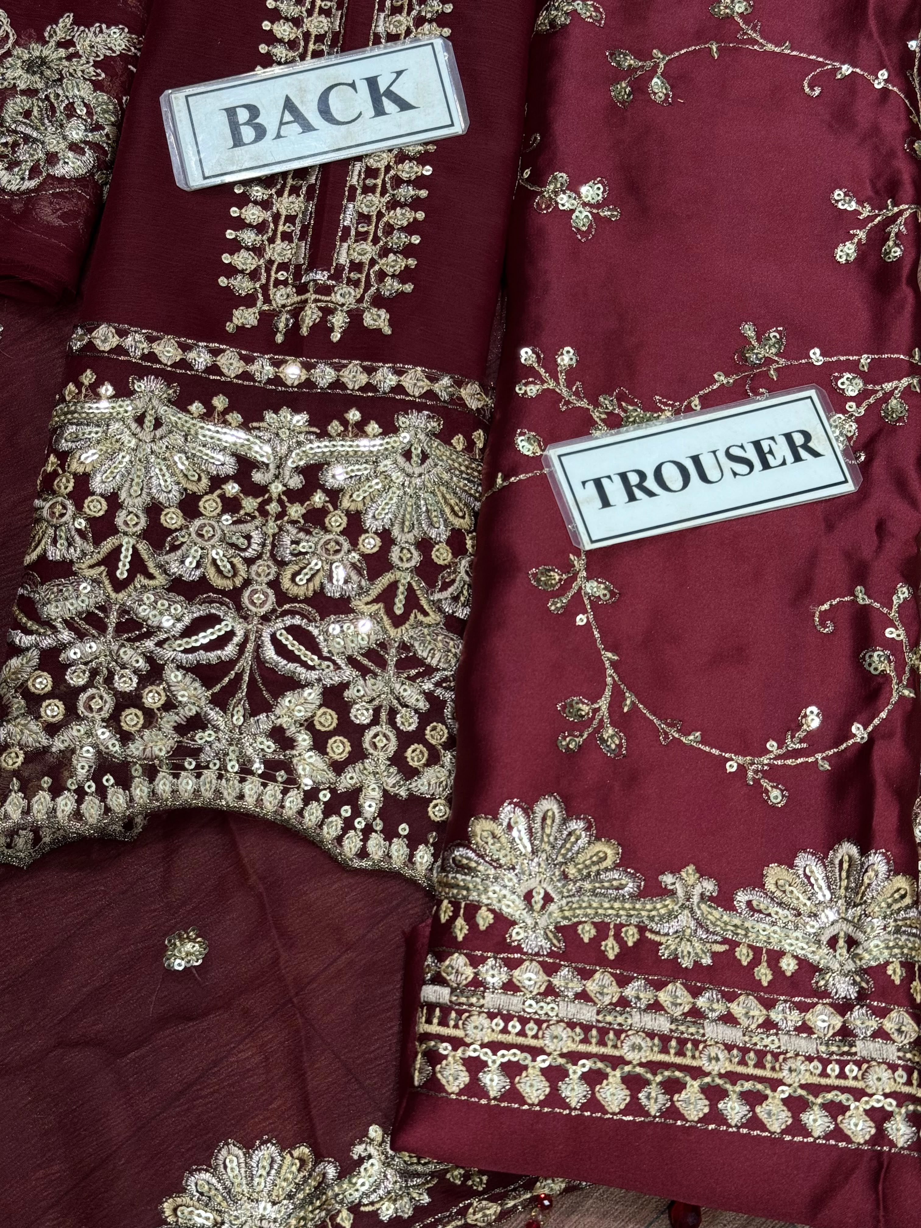 Chiffon Heavy Embroidered Unstitched 3 Piece Suit with Embroidered Chiffon Dupatta, Maroon (view 4)