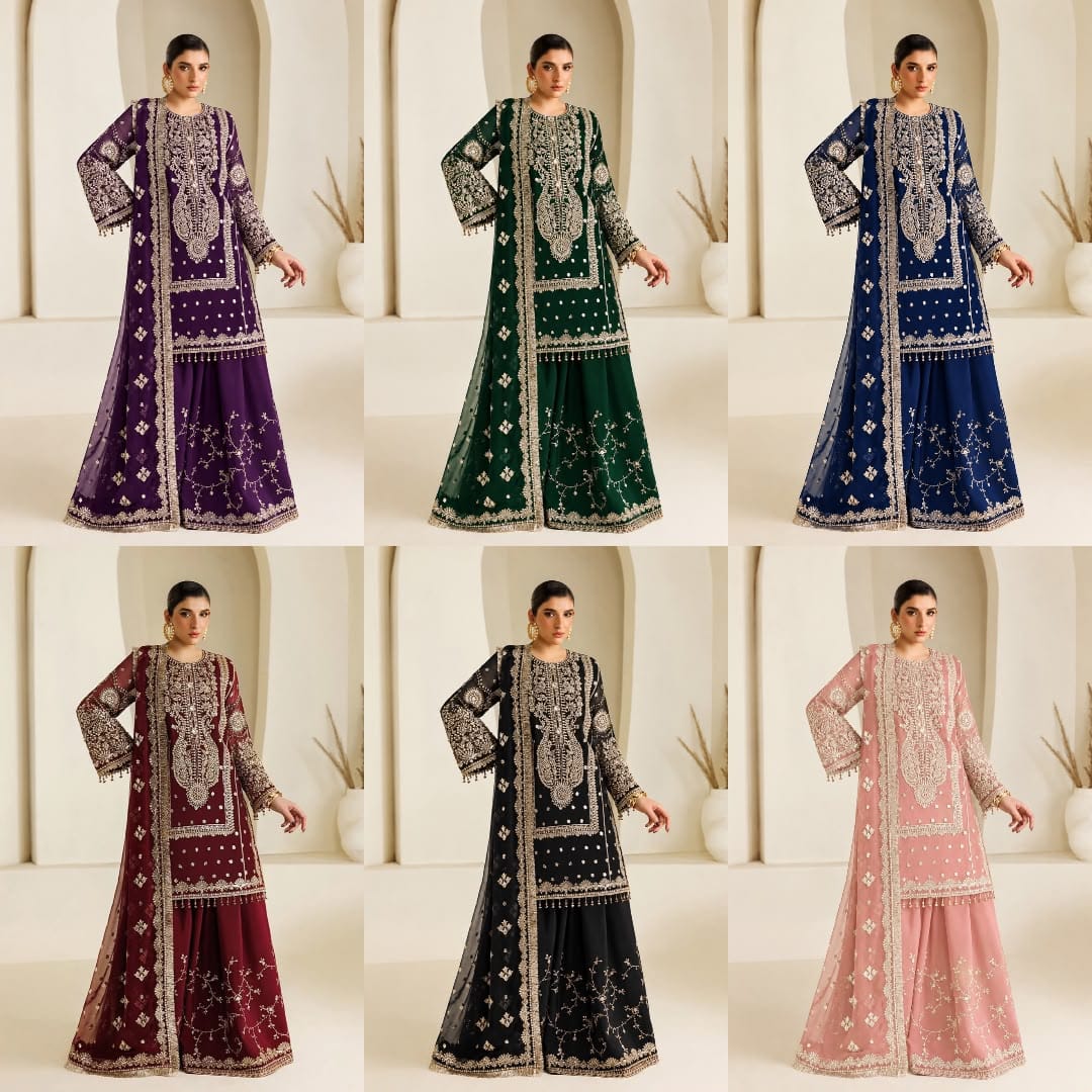 Chiffon Heavy Embroidered Unstitched 3 Piece Suit with Embroidered Chiffon Dupatta, Available in 6 Colours