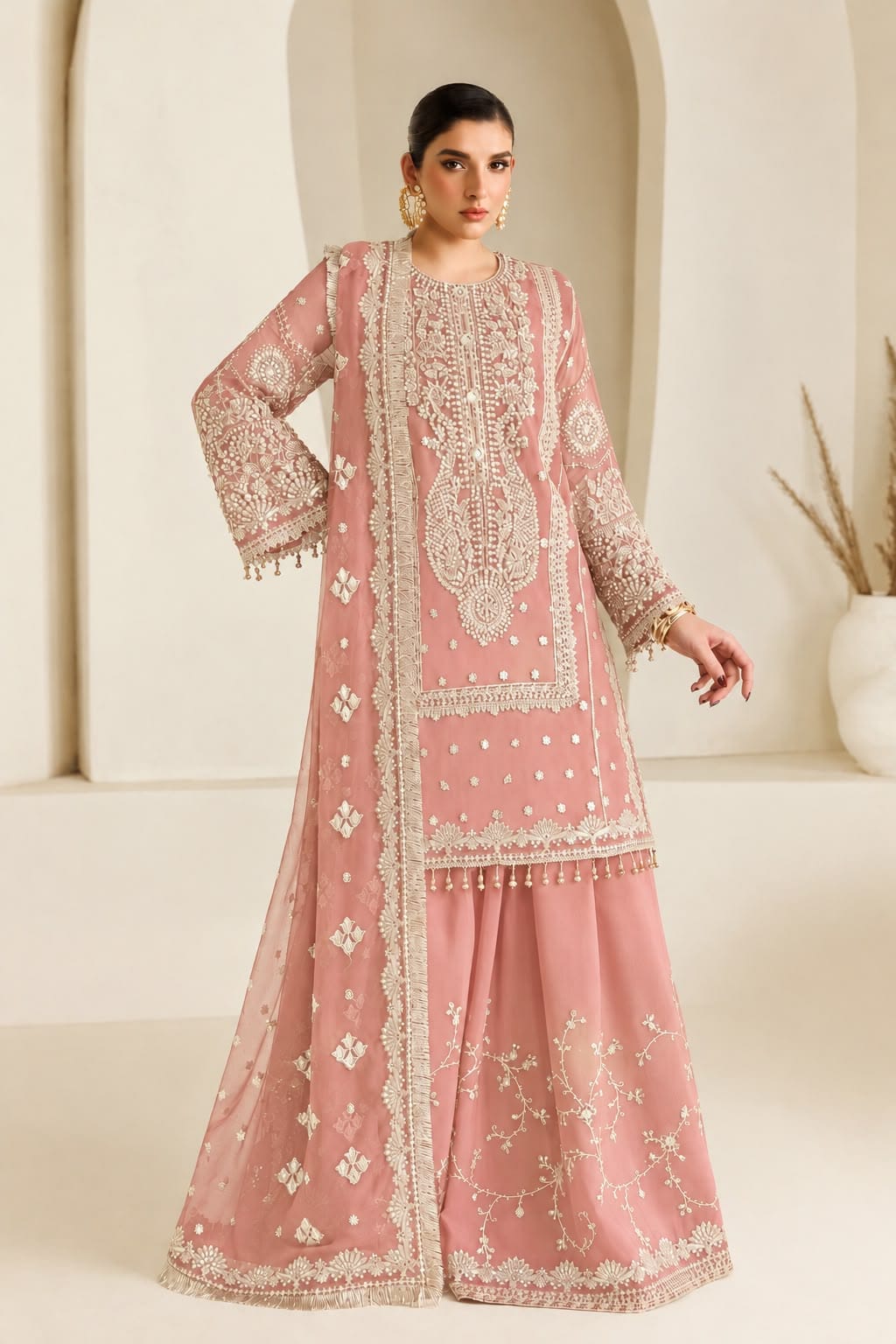 Chiffon Heavy Embroidered Unstitched 3 Piece Suit with Embroidered Chiffon Dupatta, Available in 6 Colours (view 2)