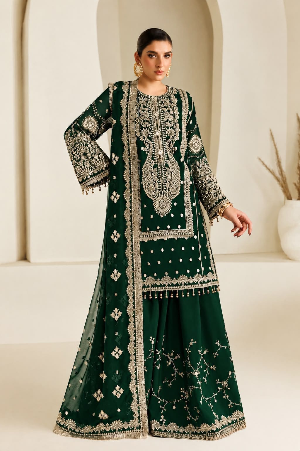 Chiffon Heavy Embroidered Unstitched 3 Piece Suit with Embroidered Chiffon Dupatta, Available in 6 Colours (view 4)
