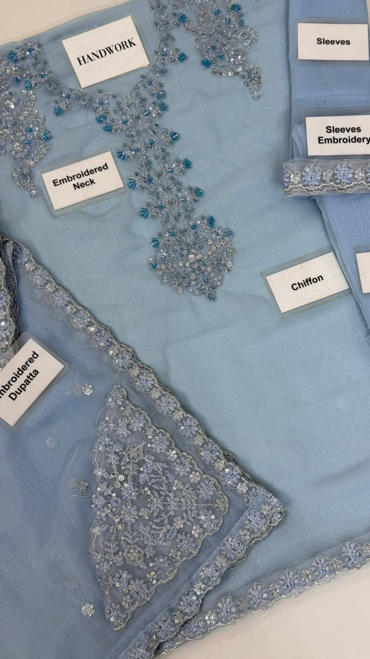 Chiffon Sequin Embroidered Unstitched 3 Piece Suit with Embroidered Chiffon Dupatta, Sky Blue (view 2)