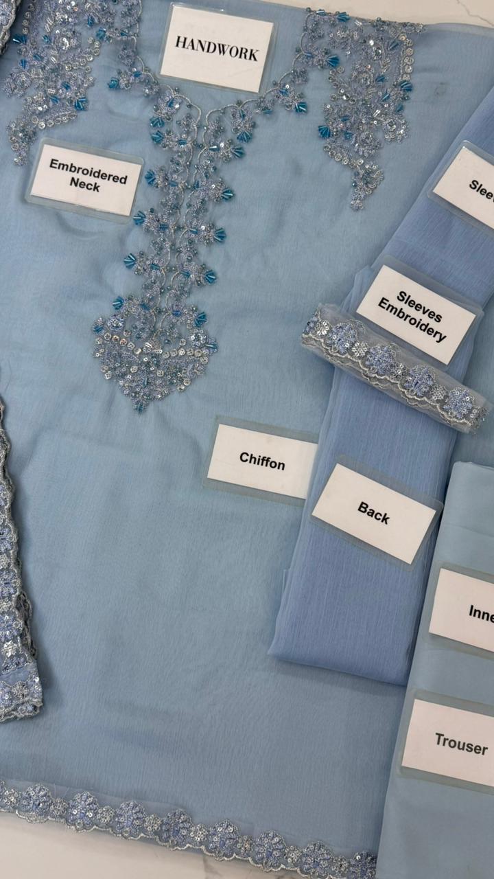 Chiffon Sequin Embroidered Unstitched 3 Piece Suit with Embroidered Chiffon Dupatta, Sky Blue (view 3)