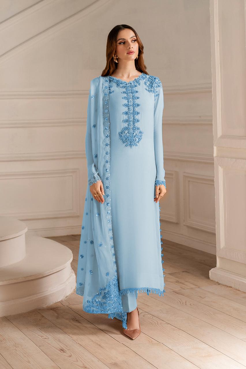 Chiffon Sequin Embroidered Unstitched 3 Piece Suit with Embroidered Chiffon Dupatta, Sky Blue (view 4)