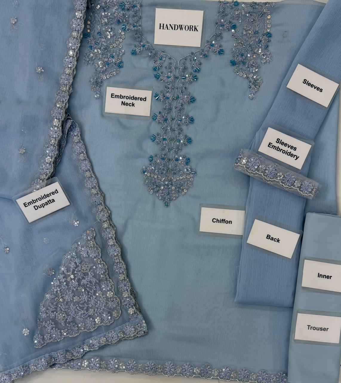 Chiffon Sequin Embroidered Unstitched 3 Piece Suit with Embroidered Chiffon Dupatta, Sky Blue