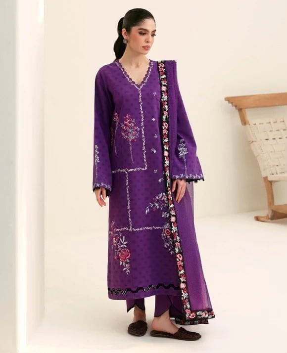Dhanak Embroidered Unstitched 3 Piece Suit with Wool Printed Shawl, Purple