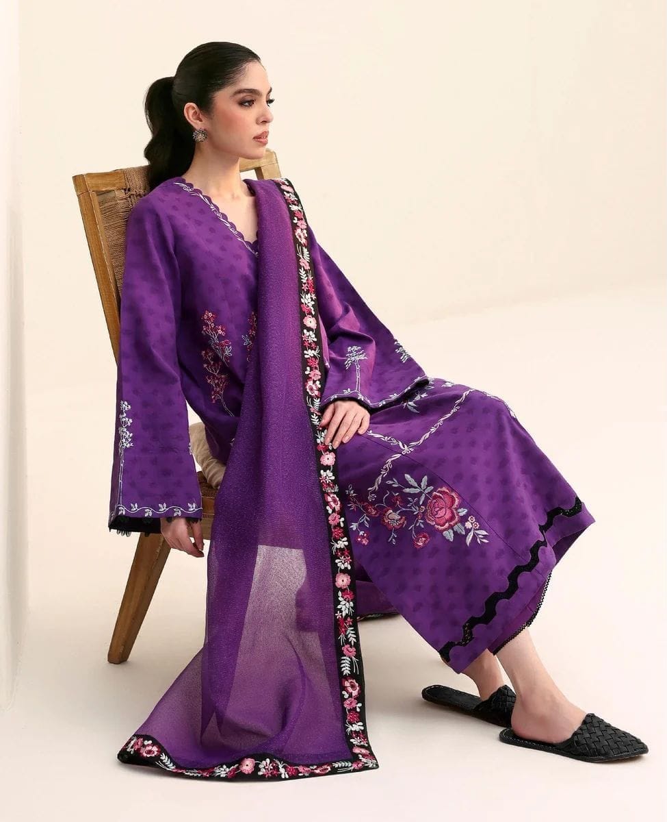 Dhanak Embroidered Unstitched 3 Piece Suit with Wool Printed Shawl, Purple (view 2)